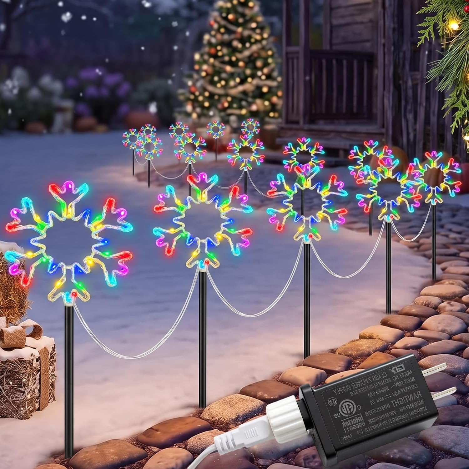 Outdoor Lighting Pathway - ชุดไฟประดับตกแต่งภายนอกอาคารลายเกล็ดหิมะสำหรับเทศกาลคริสต์มาส ความยาว 25 ฟุต บรรจุ 10