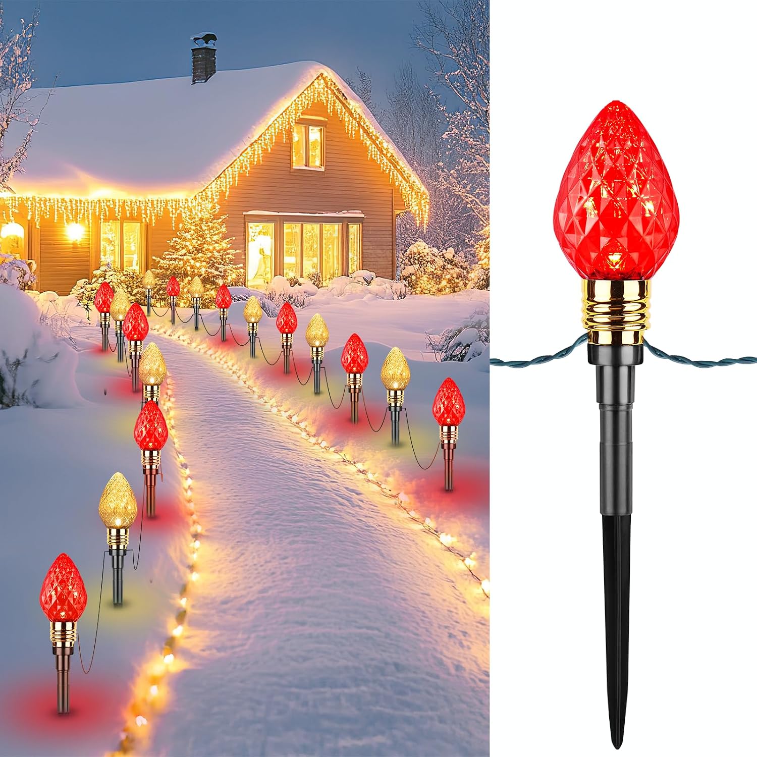 Outdoor Lighting Pathway - ไฟประดับทางเดินคริสต์มาสสำหรับใช้ภายนอกอาคาร, ชุด 2 ชิ้น สตรอว์เบอร์รี C9,
