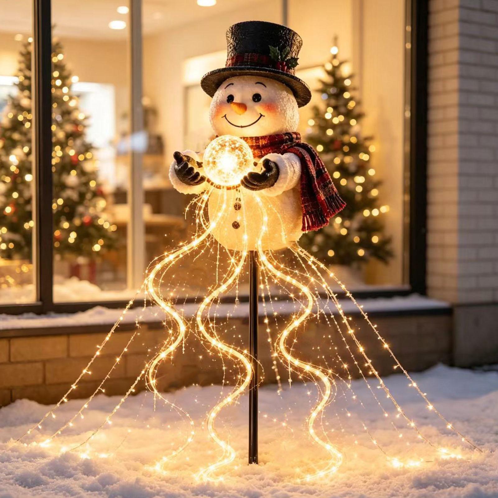 Outdoor Lighting Effects - ไฟประดับสวนรูปตุ๊กตาหิมะคริสต์มาสพลังงานแสงอาทิตย์ ไฟ LED กันน้ำกลางแจ้ง รูปน้ำตกเกล็ดหิมะ สำหรับตกแต่งลานบ้านและสวนในช่วงเทศกาล